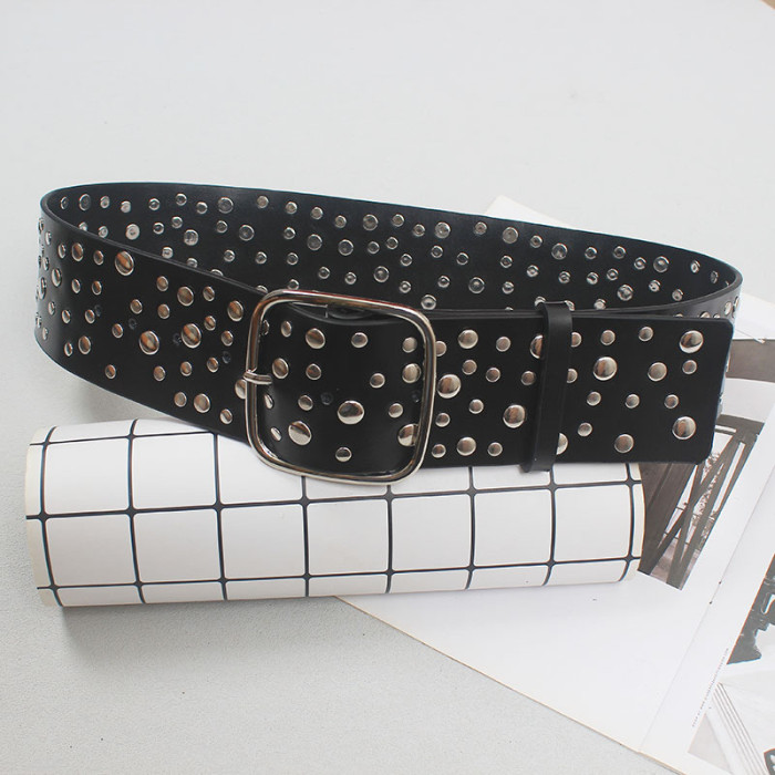 [EAM] Pu Leather Black Rivet Square Buckle Wide Belt Personality Women New Fashion Tide All-match Spring Autumn 2024 1DH5538