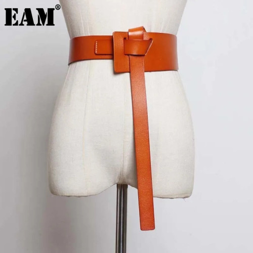 [EAM] Long Knotted Stylish Asymmetric Cross Pu Leather Belt Personality Women New Fashion Tide All-match Spring 2024 1U240