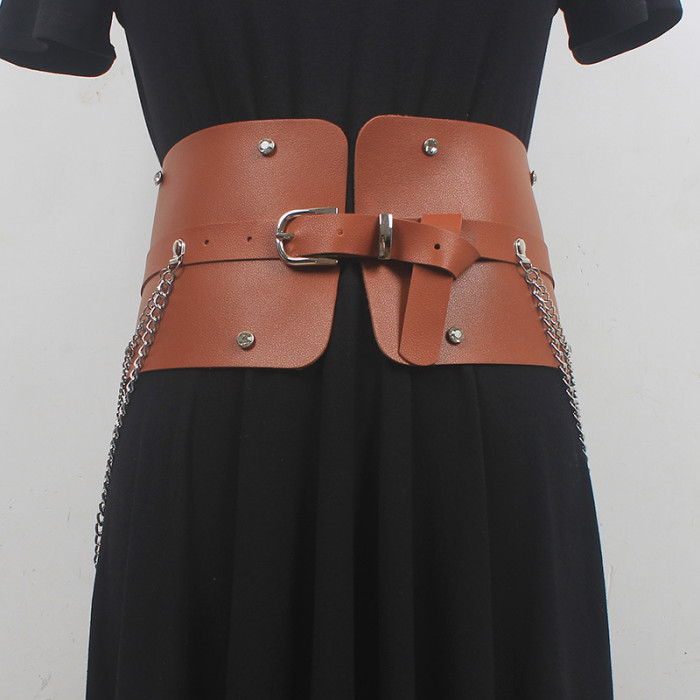 [EAM] Pu Leather Camel Metal Chain Long Wide Belt Personality Women New Fashion Tide All-match Spring Autumn 2024 1DH6354