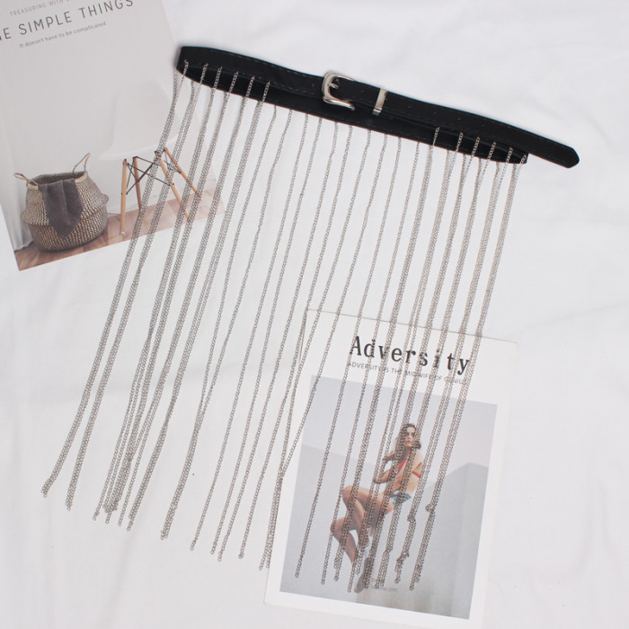 [EAM] Pu Leather Black Rhinestones Tassels Long Belt Personality Women New Fashion Tide All-match Spring Autumn 2024 1DH6353