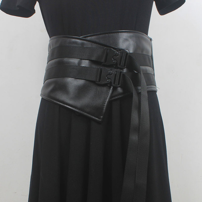 [EAM] Pu Leather Black Irregular Wide Buckle Belt Personality Women New Fashion Tide All-match Spring Autumn 2024 1DH5542