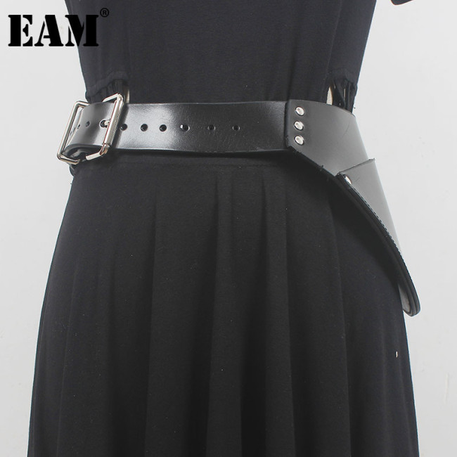 [EAM] Pu Leather Black Irregular Shaped Buckle Belt Personality Women New Fashion Tide All-match Spring Autumn 2024 1DH5541
