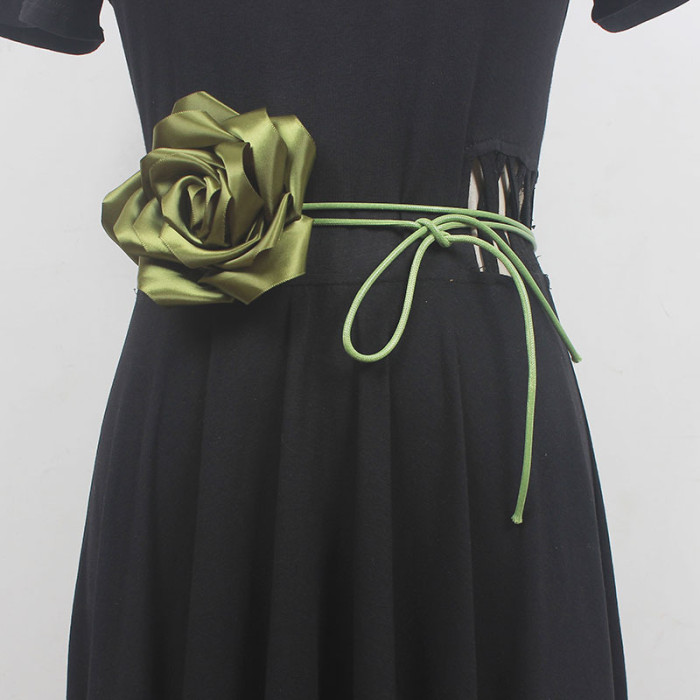 [EAM] Three-dimensional Flower Green Elegant Bandage Belt Personality Women New Fashion All-match Spring Autumn 2024 1DH5537