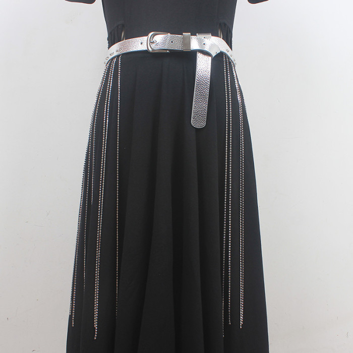 [EAM] Pu Leather Black Rhinestones Tassels Long Belt Personality Women New Fashion Tide All-match Spring Autumn 2024 1DH6353