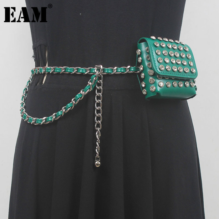 [EAM] Pu Leather Green Mini-bag Rhinestones Long Belt Personality Women New Fashion Tide All-match Spring Autumn 2024 1DH5547