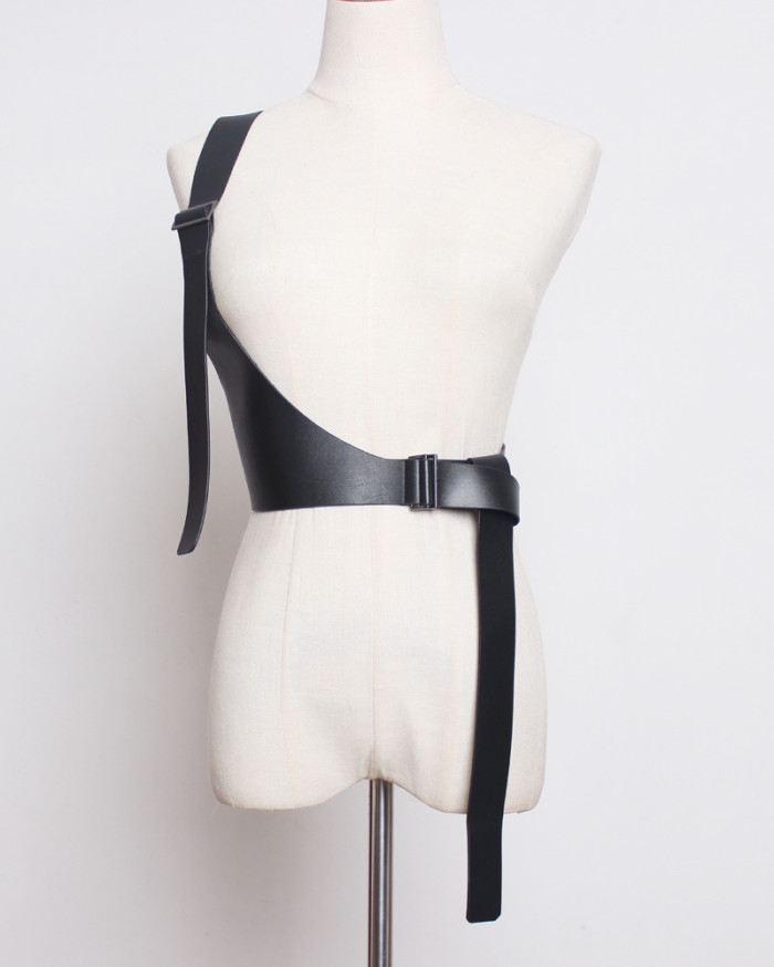 [EAM] Pu Leather Black Irregular Adjustable Long Strap Belt Personality Women New Fashion All-match Spring Autumn 2024 JX697
