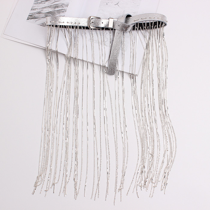 [EAM] Pu Leather Black Rhinestones Tassels Long Belt Personality Women New Fashion Tide All-match Spring Autumn 2024 1DH6353