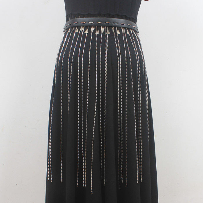 [EAM] Pu Leather Black Rhinestones Tassels Long Belt Personality Women New Fashion Tide All-match Spring Autumn 2024 1DH6353