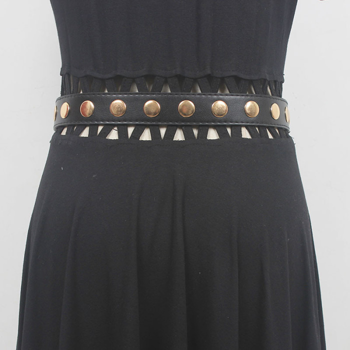 [EAM] Pu Leather Black Metal Rivet Long Vintage Belt Personality Women New Fashion Tide All-match Spring Autumn 2024 1DH5545