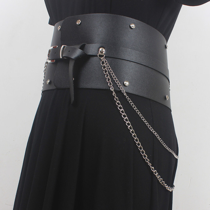 [EAM] Pu Leather Camel Metal Chain Long Wide Belt Personality Women New Fashion Tide All-match Spring Autumn 2024 1DH6354