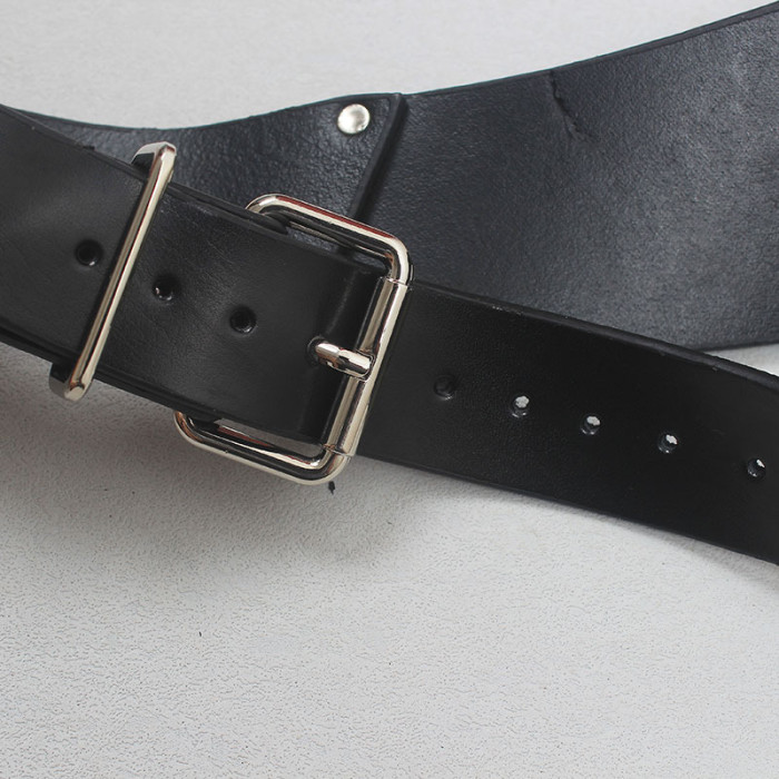 [EAM] Pu Leather Black Irregular Shaped Buckle Belt Personality Women New Fashion Tide All-match Spring Autumn 2024 1DH5541