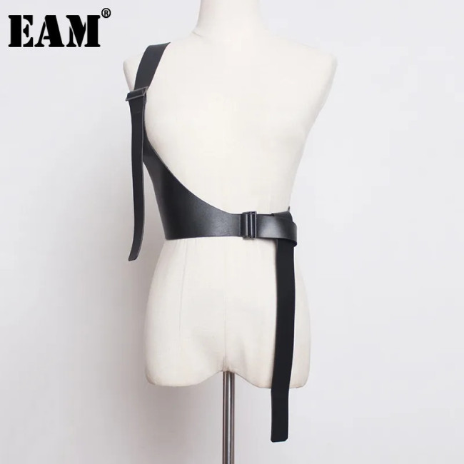 [EAM] Pu Leather Black Irregular Adjustable Long Strap Belt Personality Women New Fashion All-match Spring Autumn 2024 JX697