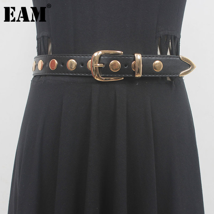 [EAM] Pu Leather Black Metal Rivet Long Vintage Belt Personality Women New Fashion Tide All-match Spring Autumn 2024 1DH5545
