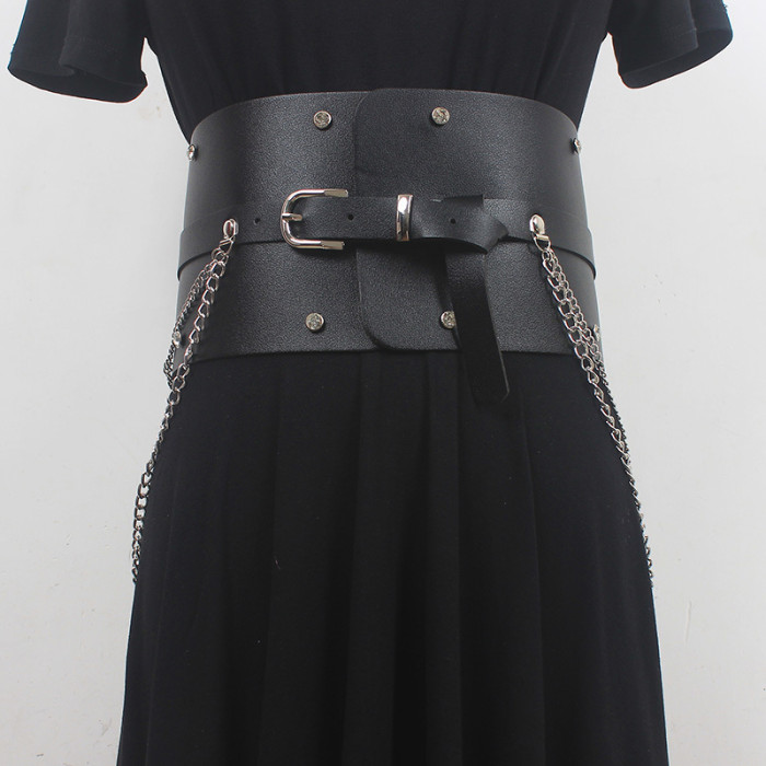 [EAM] Pu Leather Camel Metal Chain Long Wide Belt Personality Women New Fashion Tide All-match Spring Autumn 2024 1DH6354
