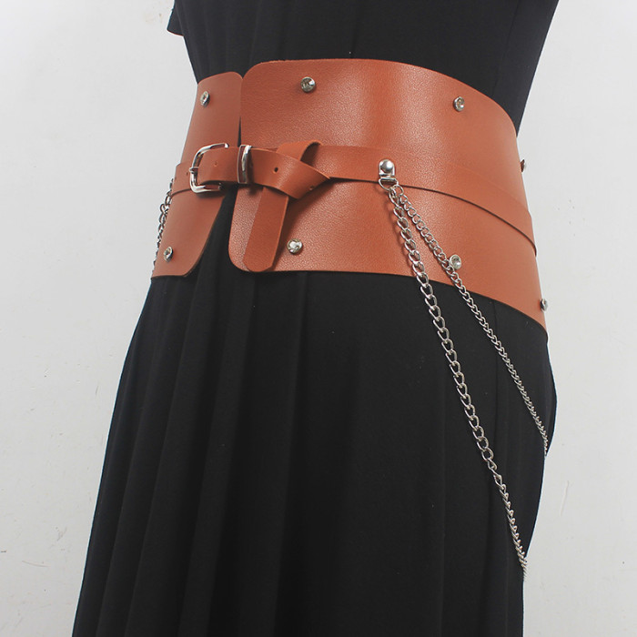 [EAM] Pu Leather Camel Metal Chain Long Wide Belt Personality Women New Fashion Tide All-match Spring Autumn 2024 1DH6354