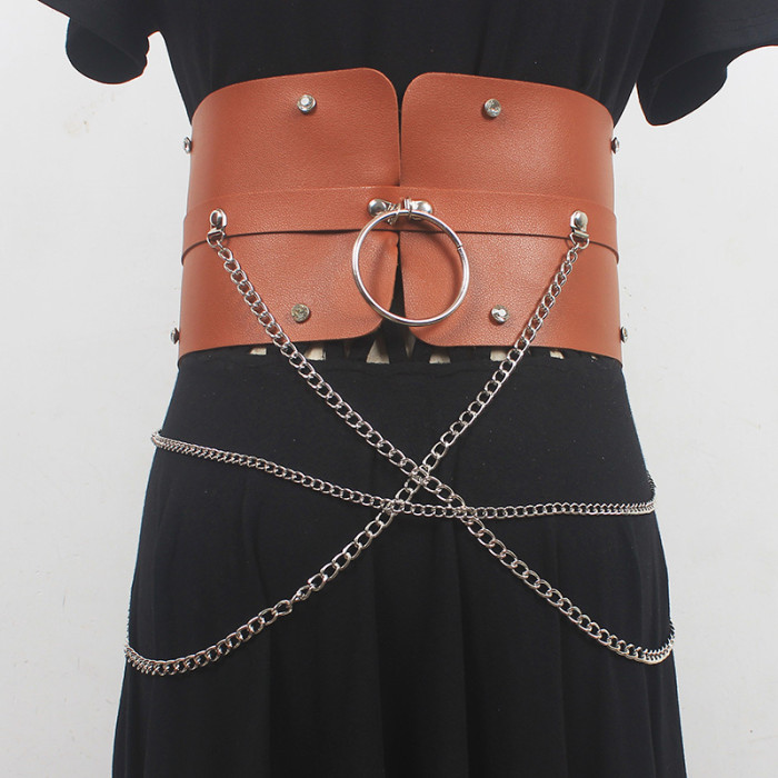 [EAM] Pu Leather Camel Metal Chain Long Wide Belt Personality Women New Fashion Tide All-match Spring Autumn 2024 1DH6354