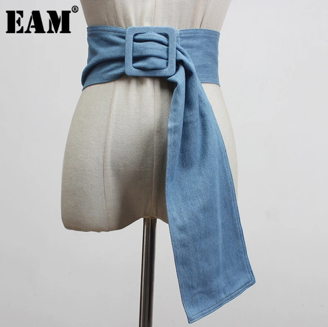 [EAM]  Blue Denim Big Buckle Irregular Split Joint Long Wide Belt Personality Women New Fashion Tide All-match Spring 2024 1Y100