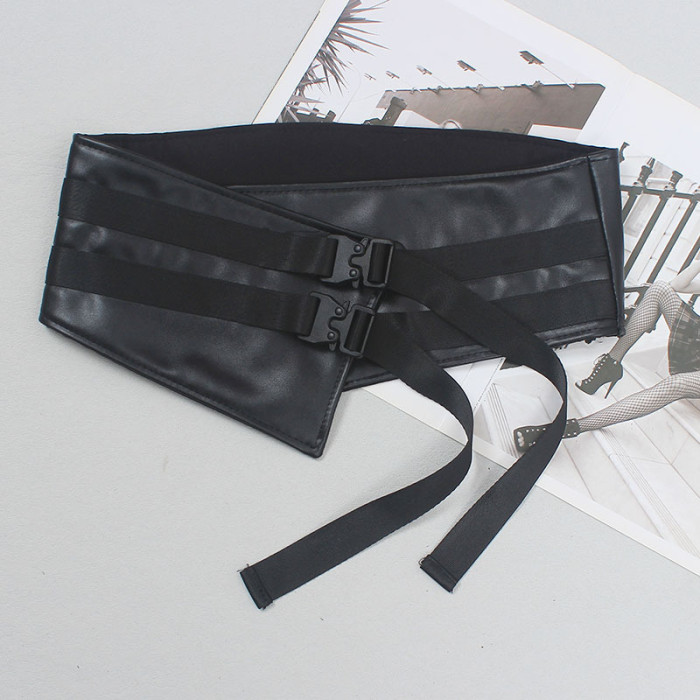 [EAM] Pu Leather Black Irregular Wide Buckle Belt Personality Women New Fashion Tide All-match Spring Autumn 2024 1DH5542