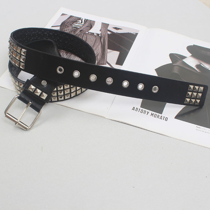 [EAM] Pu Leather Black Rivet Long Wide Vintage Belt Personality Women New Fashion Tide All-match Spring Autumn 2024 1DH5543
