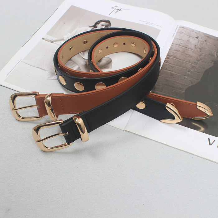 [EAM] Pu Leather Black Metal Rivet Long Vintage Belt Personality Women New Fashion Tide All-match Spring Autumn 2024 1DH5545