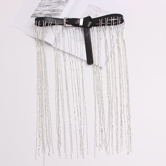 [EAM] Pu Leather Black Rhinestones Tassels Long Belt Personality Women New Fashion Tide All-match Spring Autumn 2024 1DH6353