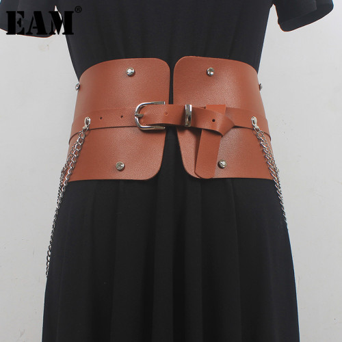 [EAM] Pu Leather Camel Metal Chain Long Wide Belt Personality Women New Fashion Tide All-match Spring Autumn 2024 1DH6354