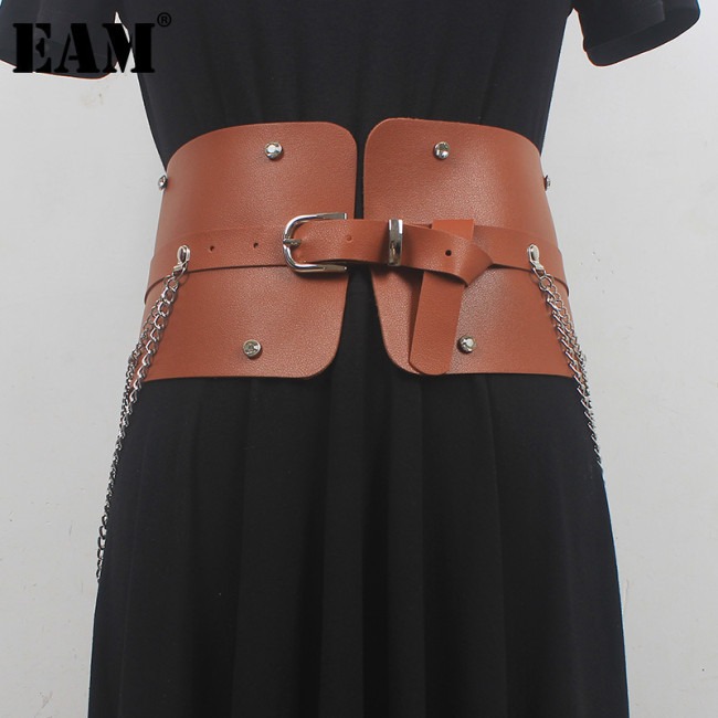 [EAM] Pu Leather Camel Metal Chain Long Wide Belt Personality Women New Fashion Tide All-match Spring Autumn 2024 1DH6354