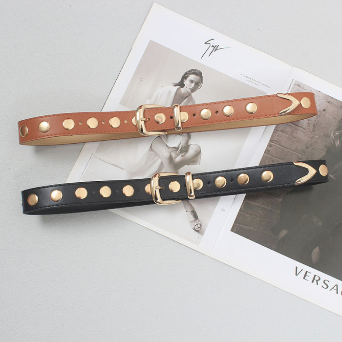 [EAM] Pu Leather Black Metal Rivet Long Vintage Belt Personality Women New Fashion Tide All-match Spring Autumn 2024 1DH5545