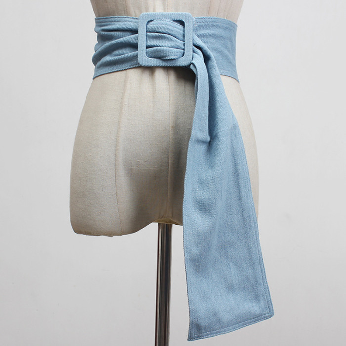 [EAM]  Blue Denim Big Buckle Irregular Split Joint Long Wide Belt Personality Women New Fashion Tide All-match Spring 2024 1Y100