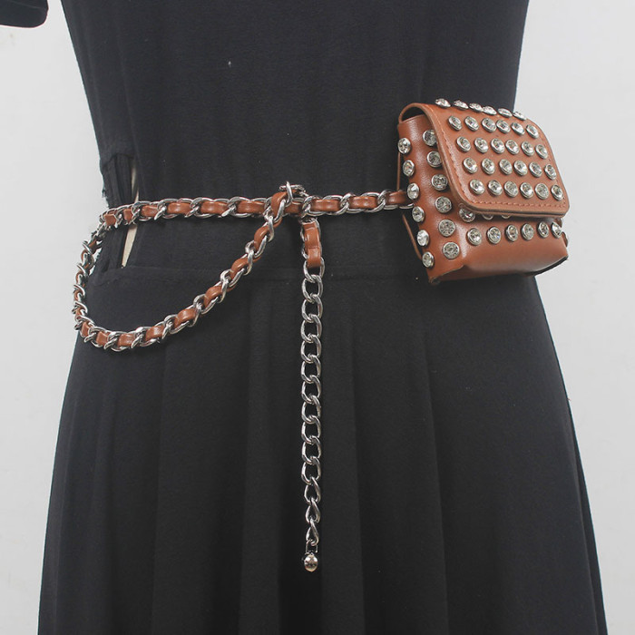 [EAM] Pu Leather Green Mini-bag Rhinestones Long Belt Personality Women New Fashion Tide All-match Spring Autumn 2024 1DH5547