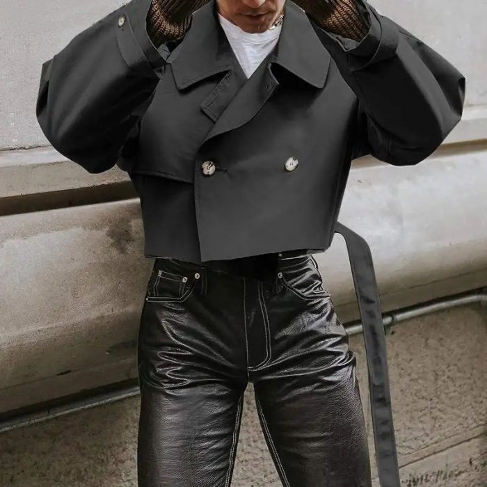 {EAM} 2024 autumn new fashion loose jacket belt lapel tooling short trench coat coat DLZ050
