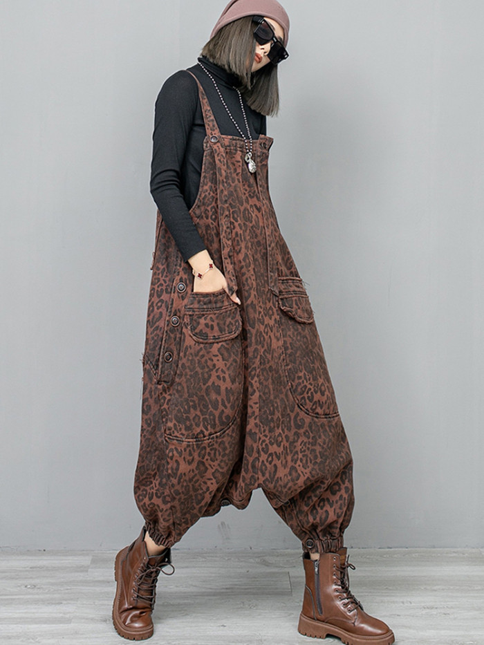 [EAM] High Waist Leopard Print Denim Pocket Big Size Overalls Wide Leg Jeans New Women Fashion Tide Spring Autumn  1DH6428