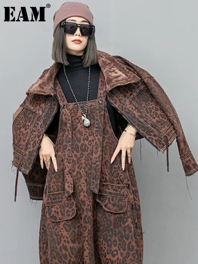 [EAM] Leopard Print Burr Short Big Size Casual Jacket New Lapel Long Sleeve Women Coat Fashion Tide Spring Autumn 2024 1DH6427