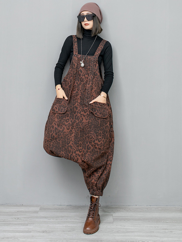 [EAM] High Waist Leopard Print Denim Pocket Big Size Overalls Wide Leg Jeans New Women Fashion Tide Spring Autumn  1DH6428