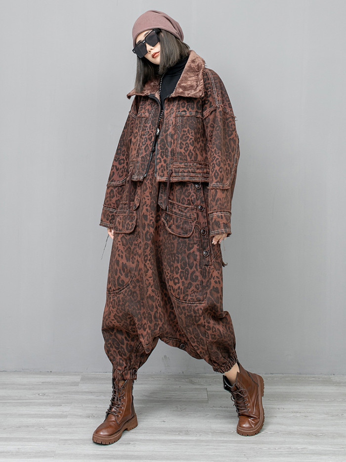[EAM] Leopard Print Burr Short Big Size Casual Jacket New Lapel Long Sleeve Women Coat Fashion Tide Spring Autumn 2024 1DH6427