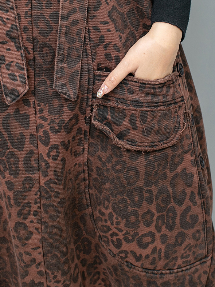 [EAM] High Waist Leopard Print Denim Pocket Big Size Overalls Wide Leg Jeans New Women Fashion Tide Spring Autumn  1DH6428