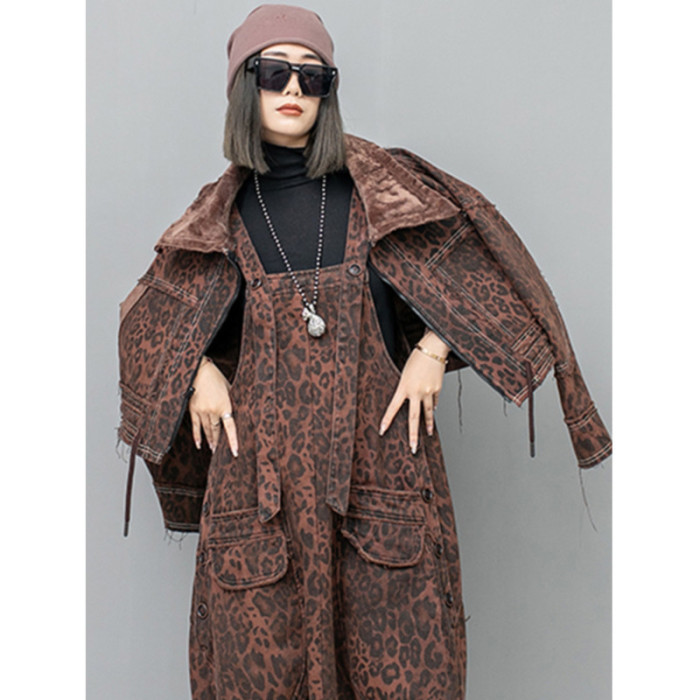 [EAM] Leopard Print Burr Short Big Size Casual Jacket New Lapel Long Sleeve Women Coat Fashion Tide Spring Autumn 2024 1DH6427
