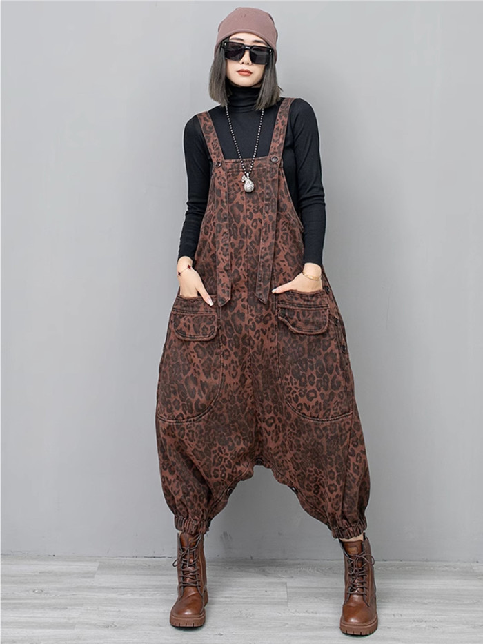 [EAM] High Waist Leopard Print Denim Pocket Big Size Overalls Wide Leg Jeans New Women Fashion Tide Spring Autumn  1DH6428