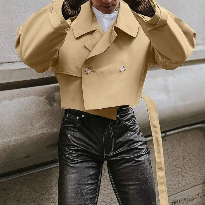 {EAM} 2024 autumn new fashion loose jacket belt lapel tooling short trench coat coat DLZ050