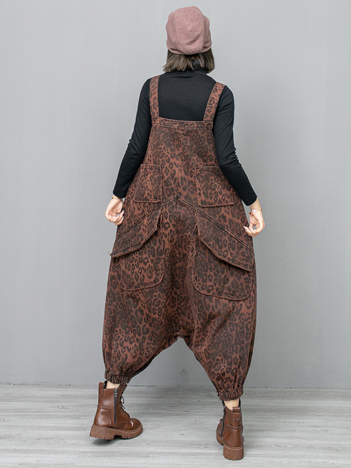 [EAM] High Waist Leopard Print Denim Pocket Big Size Overalls Wide Leg Jeans New Women Fashion Tide Spring Autumn  1DH6428