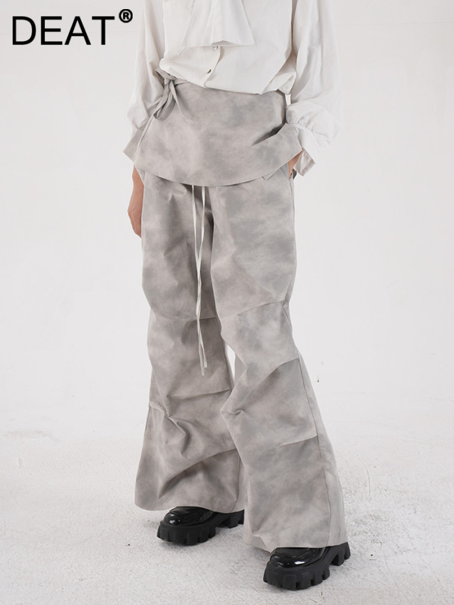 DEAT Fashion Women's Camouflage 2 Pcs Set Pants Elastic Waist Contrast Color Folds Wide Leg Pants Suit Autumn  New CPDB314