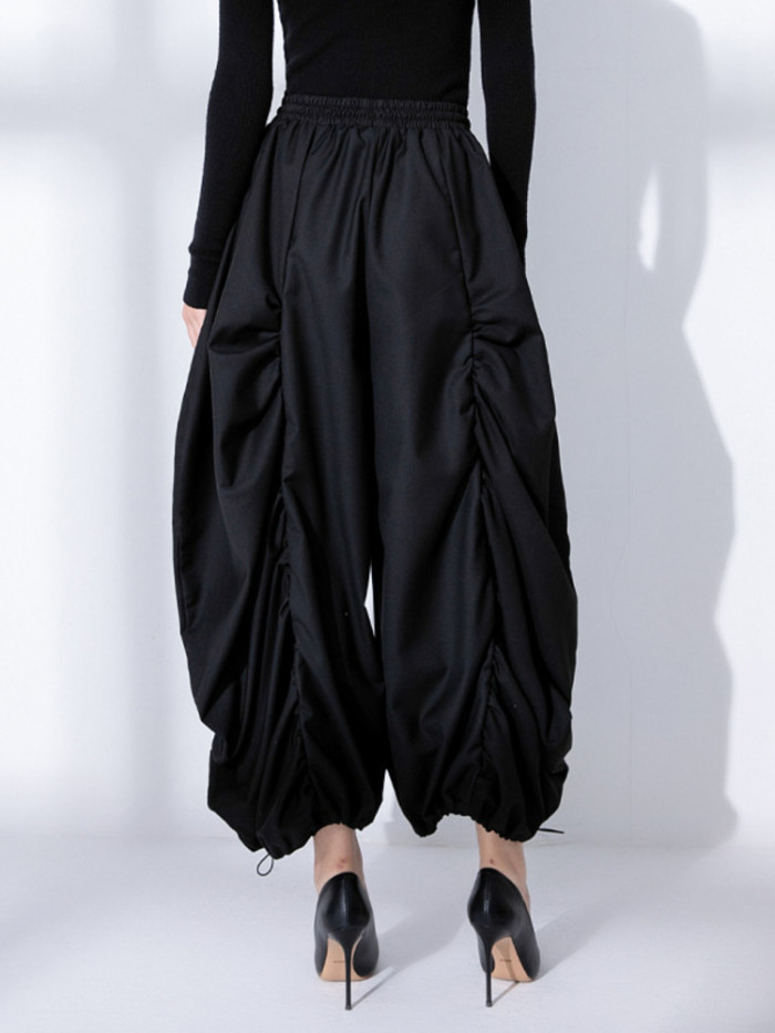 EAM High Elastic Waist Black Wide Leg Arc Ankle Length Pants New Loose Trousers Women Fashion Tide Spring Autumn Tide Spring Au DLZ01401L