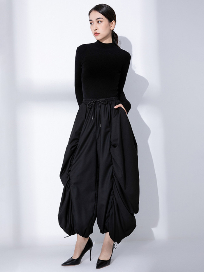EAM High Elastic Waist Black Wide Leg Arc Ankle Length Pants New Loose Trousers Women Fashion Tide Spring Autumn Tide Spring Au DLZ01401L