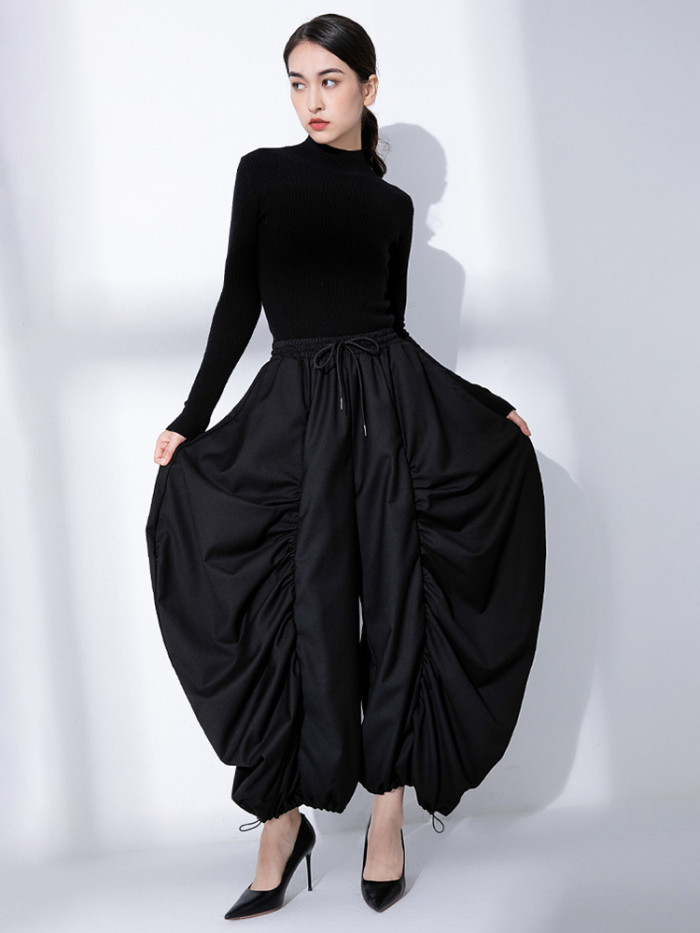 EAM High Elastic Waist Black Wide Leg Arc Ankle Length Pants New Loose Trousers Women Fashion Tide Spring Autumn Tide Spring Au DLZ01401L