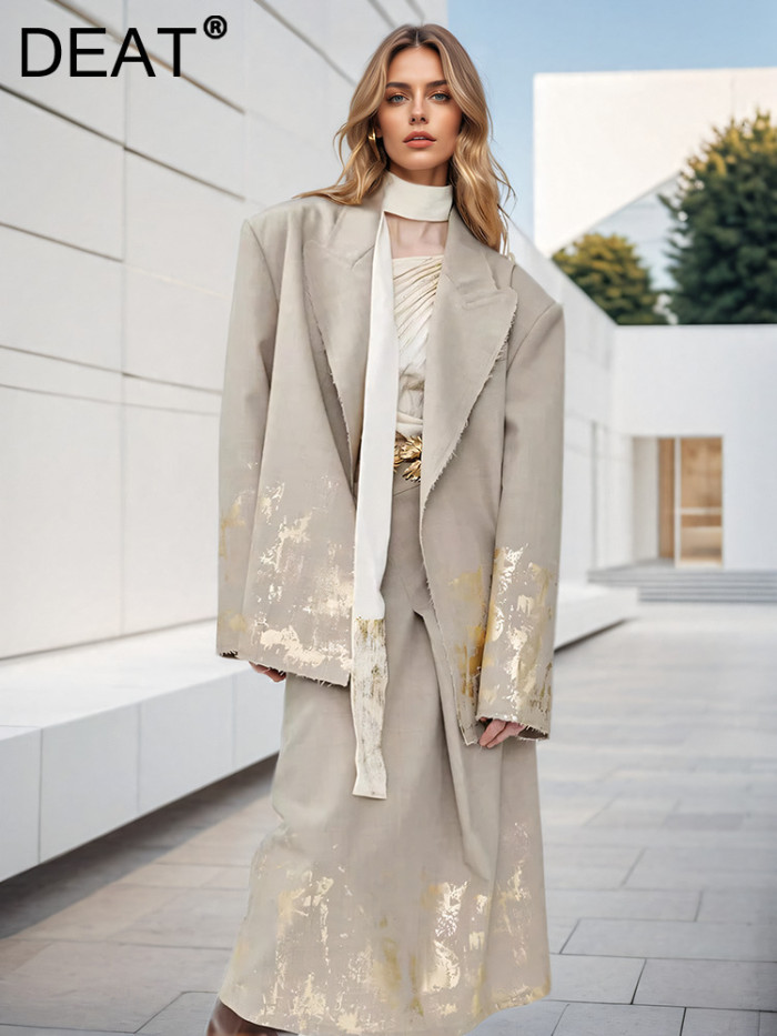 DEAT Fashion Women's 2 Pcs Set Graffiti Hot Stamping Loose Fit Blazer High Waist Irregular Skirt Suit Autumn 2024 New 1DH7641