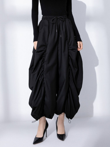 EAM High Elastic Waist Black Wide Leg Arc Ankle Length Pants New Loose Trousers Women Fashion Tide Spring Autumn Tide Spring Au DLZ01401L