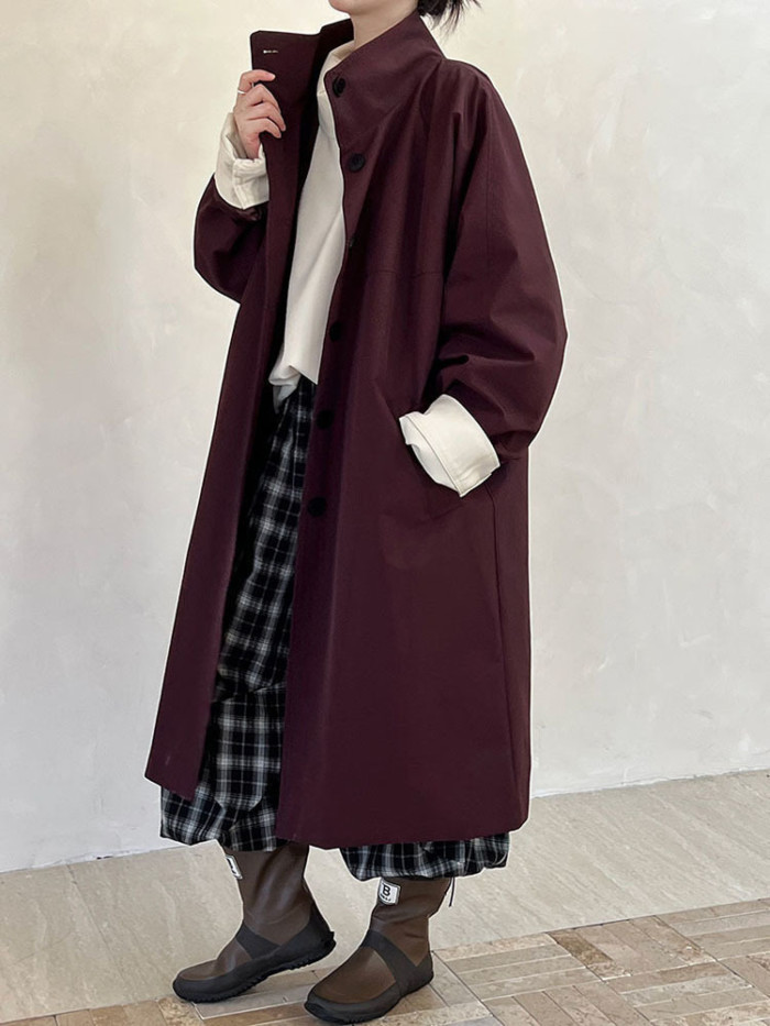 [EAM] Women Navy Blue Big Size Long Elegant Trench New Stand Collar Long Sleeve Windbreaker Fashion Spring Autumn 2024  1DH6843