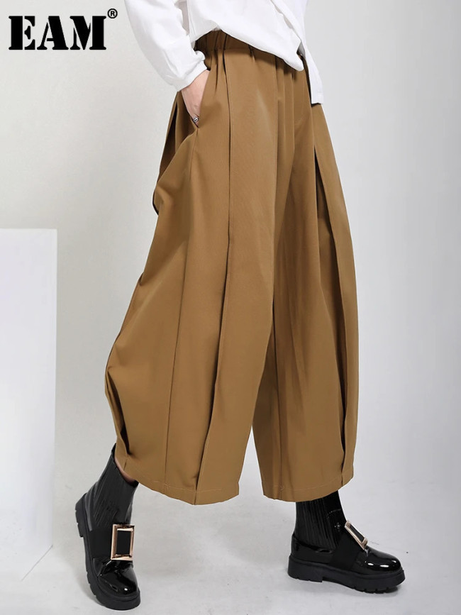 [EAM] High Elastic Waist Draped Long Wide Leg Trousers New Loose Fit Pants Women Fashion Tide Spring Autumn 1DD0404