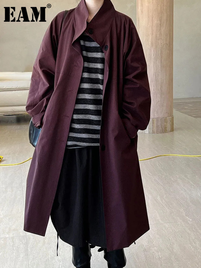 [EAM] Women Navy Blue Big Size Long Elegant Trench New Stand Collar Long Sleeve Windbreaker Fashion Spring Autumn 2024  1DH6843