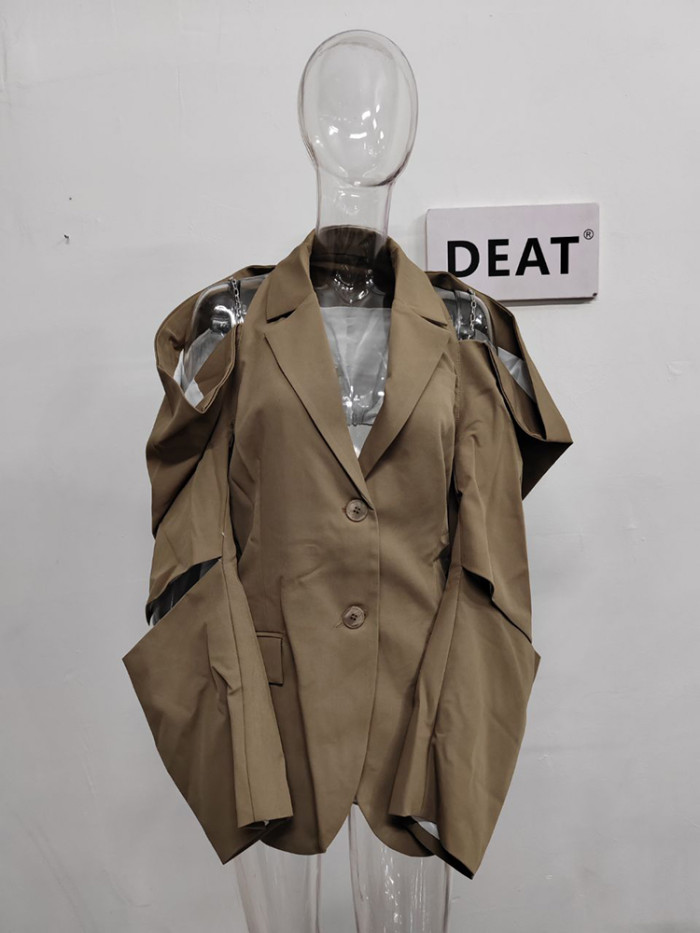 DEAT Fashion Women's Blazer Notched Single Breasted Shoulder Hollow Out Chain Design Suit Jackets Tide Spring 2024 New 17A2638